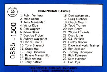 1989 Best Birmingham Barons - Platinum #30 Batboys (Nathan Sparks / Rhett White / Brad Reznik / Brian Picard / Jeremy Berry / Adam Power) Back