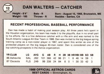 1988 Best Columbus Astros #12 Dan Walters Back