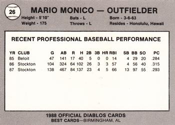 1988 Best El Paso Diablos #26 Mario Monico Back