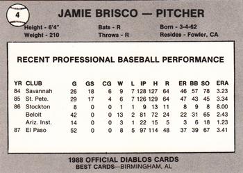 1988 Best El Paso Diablos #4 Jamie Brisco Back