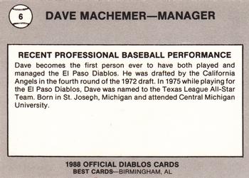 1988 Best El Paso Diablos #6 Dave Machemer Back