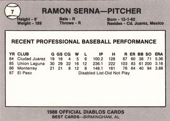 1988 Best El Paso Diablos #7 Ramon Serna Back