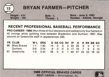 1988 Best Greenville Braves #13 Bryan Farmer Back