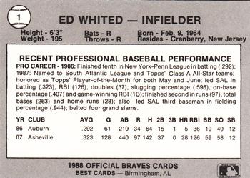 1988 Best Greenville Braves #1 Ed Whited Back