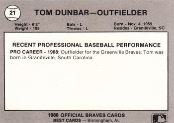 1988 Best Greenville Braves #21 Tommy Dunbar Back