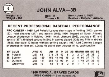 1988 Best Greenville Braves #6 John Alva Back