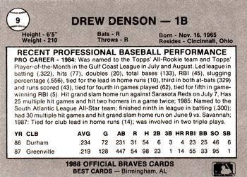 1988 Best Greenville Braves #9 Drew Denson Back