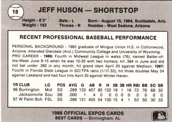 1988 Best Jacksonville Expos #18 Jeff Huson Back