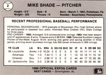 1988 Best Jacksonville Expos #2 Mike Shade Back