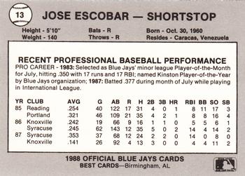 1988 Best Knoxville Blue Jays #13 Jose Escobar Back