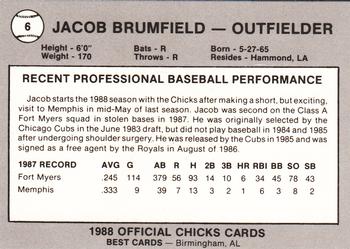 1988 Best Memphis Chicks #6 Jacob Brumfield Back