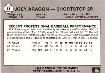 1988 Best Orlando Twins #11 Joey Aragon Back