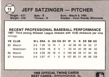 1988 Best Orlando Twins #13 Jeff Satzinger Back