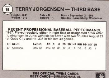 1988 Best Orlando Twins #15 Terry Jorgensen Back