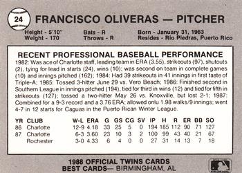 1988 Best Orlando Twins #24 Francisco Oliveras Back