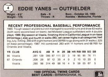 1988 Best Orlando Twins #4 Eddie Yanes Back