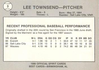 1988 Best San Bernardino Spirit #3 Lee Townsend Back