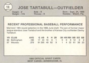 1988 Best San Bernardino Spirit #13 Jose Tartabull Back