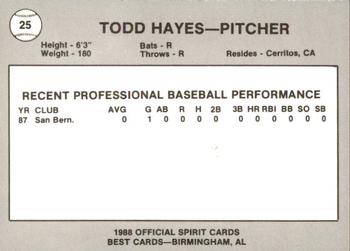 1988 Best San Bernardino Spirit #25 Todd Hayes Back