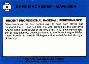 1988 Best El Paso Diablos - Platinum #6 Dave Machemer Back