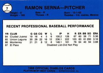 1988 Best El Paso Diablos - Platinum #7 Ramon Serna Back