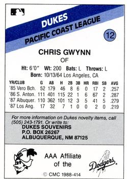 1988 CMC Albuquerque Dukes #12 Chris Gwynn Back