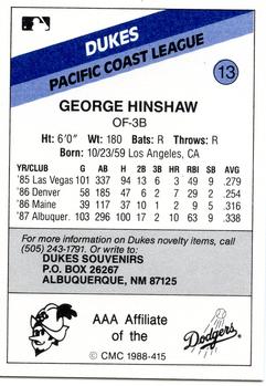 1988 CMC Albuquerque Dukes #13 George Hinshaw Back