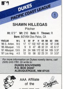 1988 CMC Albuquerque Dukes #1 Shawn Hillegas Back