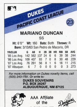 1988 CMC Albuquerque Dukes #23 Mariano Duncan Back