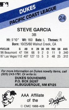 1988 CMC Albuquerque Dukes #24 Steve Garcia Back