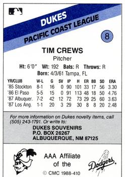 1988 CMC Albuquerque Dukes #8 Tim Crews Back