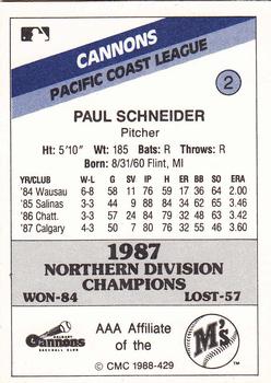 1988 CMC Calgary Cannons #2 Paul Schneider Back