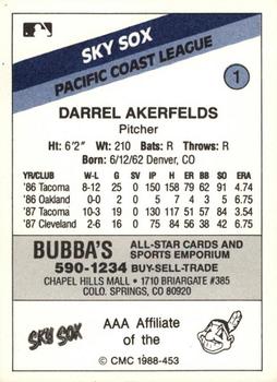 1988 CMC Colorado Springs Sky Sox #1 Darrel Akerfelds Back
