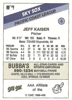 1988 CMC Colorado Springs Sky Sox #4 Jeff Kaiser Back