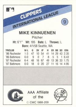 1988 CMC Columbus Clippers #9 Mike Kinnunen Back