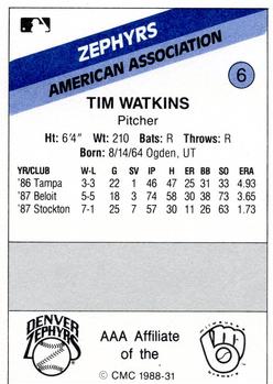 1988 CMC Denver Zephyrs #6 Tim Watkins Back