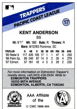 1988 CMC Edmonton Trappers #17 Kent Anderson Back