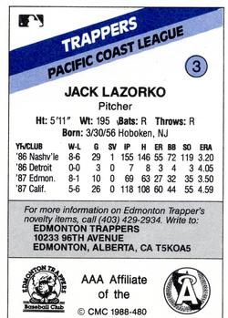 1988 CMC Edmonton Trappers #3 Jack Lazorko Back
