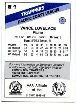 1988 CMC Edmonton Trappers #4 Vance Lovelace Back
