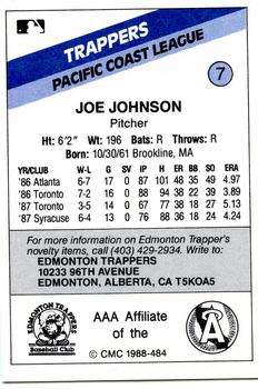 1988 CMC Edmonton Trappers #7 Joe Johnson Back