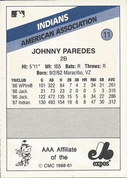 1988 CMC Indianapolis Indians #11 Johnny Paredes Back