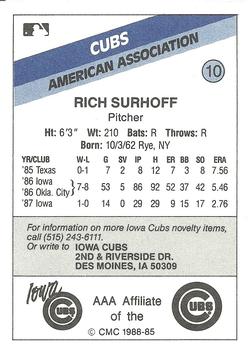 1988 CMC Iowa Cubs #10 Rich Surhoff Back