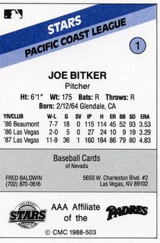 1988 CMC Las Vegas Stars #1 Joe Bitker Back