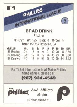 1988 CMC Maine Phillies #5 Brad Brink Back