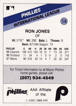 1988 CMC Maine Phillies #14 Ron Jones Back
