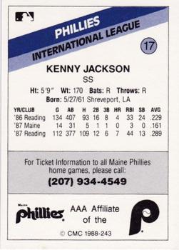 1988 CMC Maine Phillies #17 Kenny Jackson Back