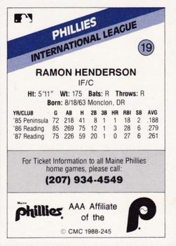 1988 CMC Maine Phillies #19 Ramon Henderson Back