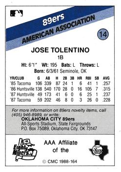 1988 CMC Oklahoma City 89ers #14 Jose Tolentino Back