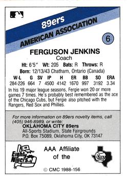 1988 CMC Oklahoma City 89ers #6 Fergie Jenkins Back