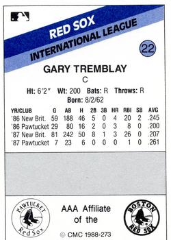 1988 CMC Pawtucket Red Sox #22 Gary Tremblay Back